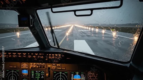 A view from an airplane cockpit during a rainy landing on a dark runway