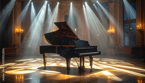 Grand piano on a concert stage.