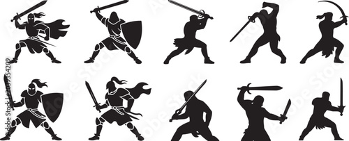 Fotografía Warrior Black Silhouette Vector Set, Warrior's sword and blade