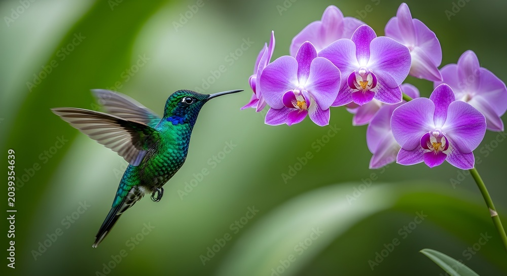 Fototapeta premium Hummingbird Sips Nectar from a Beautiful Orchid Flower in Nature
