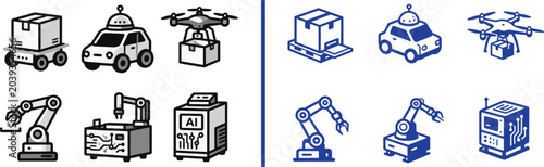 Autonomous delivery robot drone and industrial robotic arm vector icon set for logistics automation and smart manufacturing technology