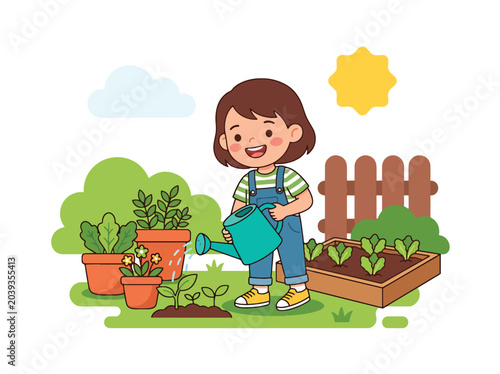 flat vector illustration of child watering plants in garden showing environmental awareness and responsibility habits for children