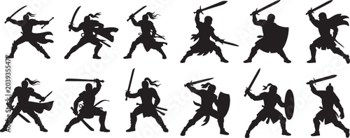 Tableau sur toile Warrior Black Silhouette Vector Set, Warrior's sword and blade