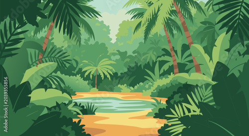 Foto Jungle vector illustration depicting a lush forest scene with a tranquil water p