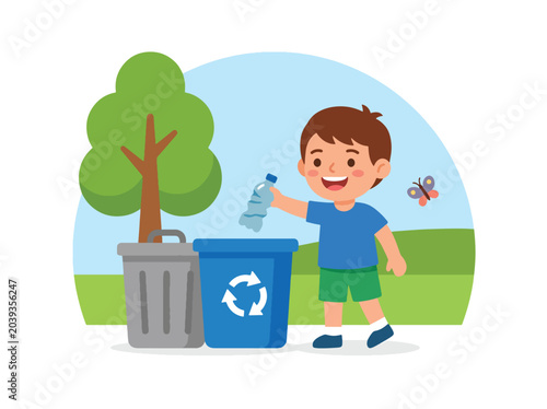 Tableau sur toile flat vector illustration of child throwing trash into recycling bin showing envi