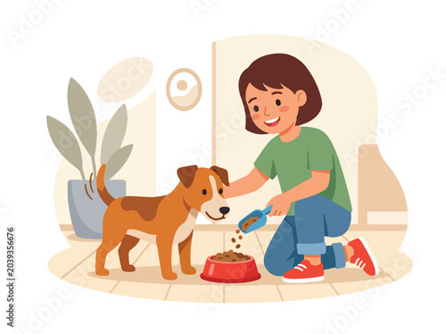 flat vector illustration of child feeding pet with food bowl showing kindness, empathy and responsibility habits for children