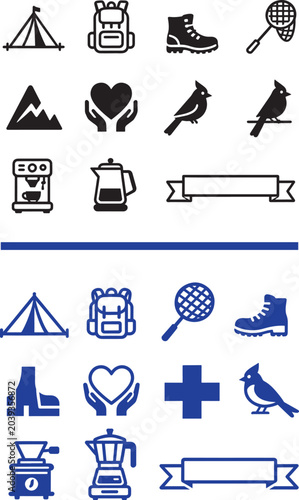 Vector icon set with camping hiking nature and coffee symbols including tent backpack boot bird heart and coffee maker for outdoor and lifestyle design