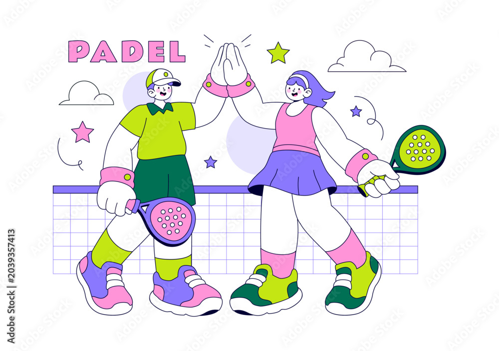 Fototapeta premium Padel Vector Illustration Featuring Dynamic Players in Action on the Court, Competitive Racket Sport Match, Training, Tournament and Fitness Design