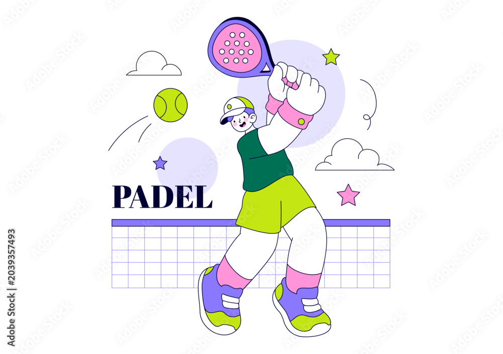 Naklejka premium Padel Vector Illustration Featuring Dynamic Players in Action on the Court, Competitive Racket Sport Match, Training, Tournament and Fitness Design