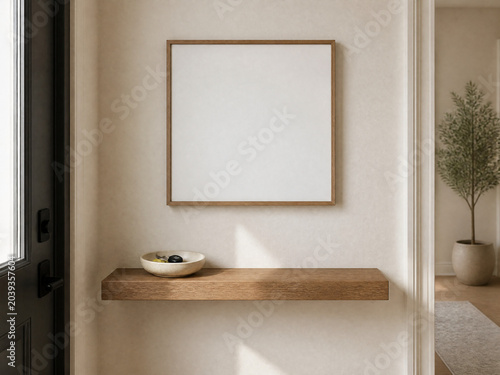 Square frame mockup for entryway wall art display above floating shelf in small cream nook with keys bowl and soft shadows and copy space
