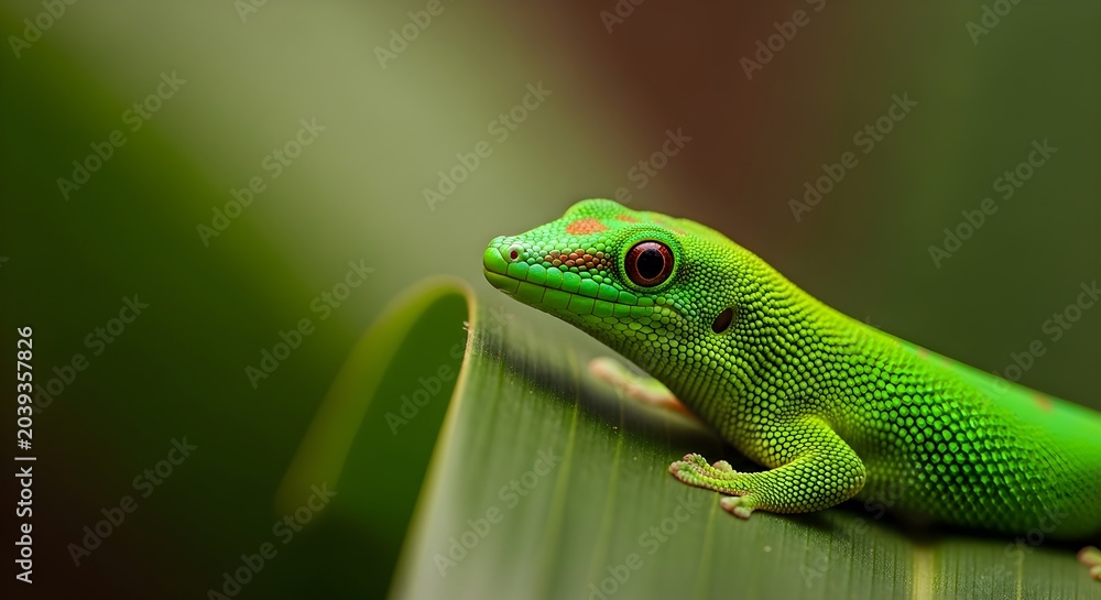 Fototapeta premium Green Gecko on a Leaf with Red Eyes Detailed Close Up