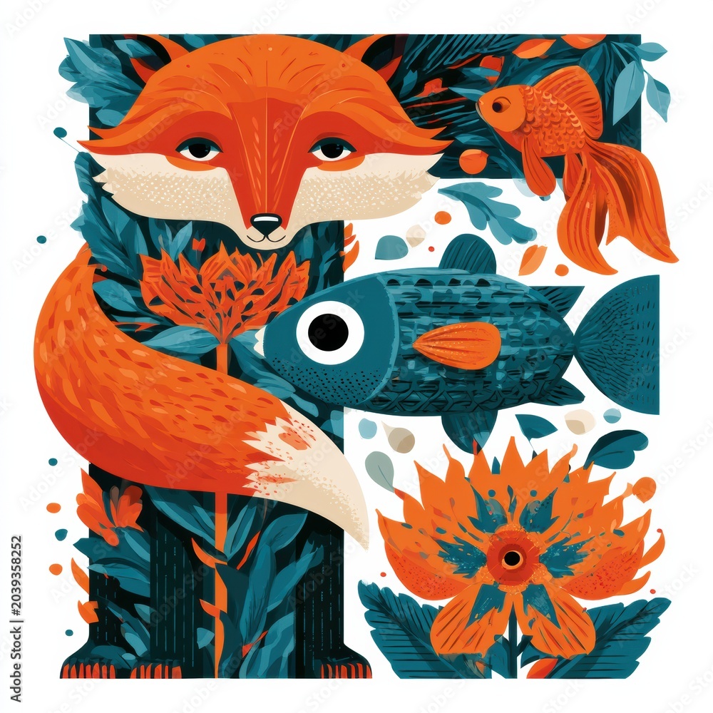 Fototapeta premium A flat cartoon fox, fish, and flower are arranged together to show the letter F in a colorful design on a white background.