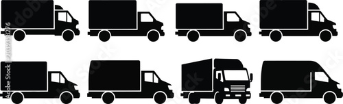 Collection of eight black truck silhouettes showcases various delivery vehicle types.