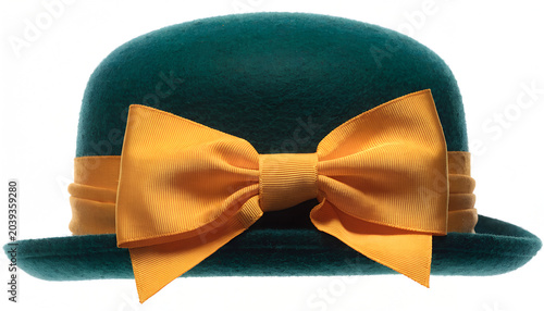 Foto Dark green bowler hat with a large yellow ribbon bow