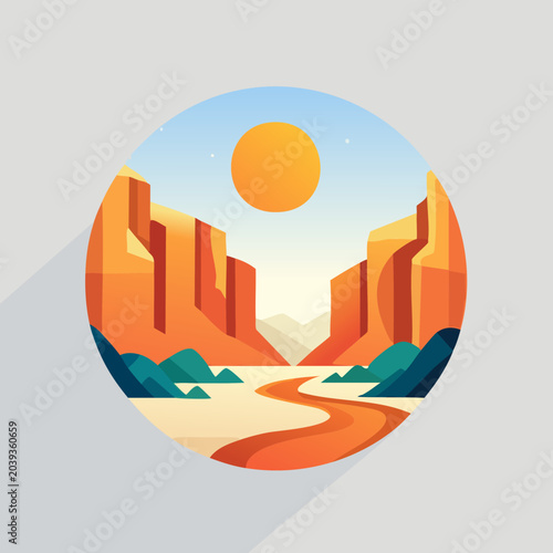 Desert canyon landscape with sun and river illustration.