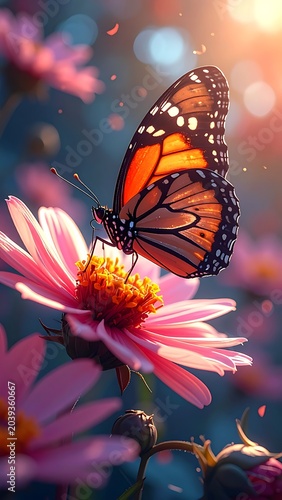 Monarch on pink bloom