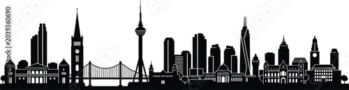 Diverse city skyline silhouette featuring skyscrapers, bridges, and historic buildings at dusk.
