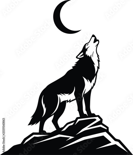 Wolf howls at the crescent moon from a rocky perch against a stark white background.