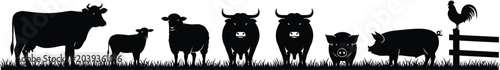 Collection of farm animal silhouettes including cows, sheep, bulls, pigs, and a rooster.
