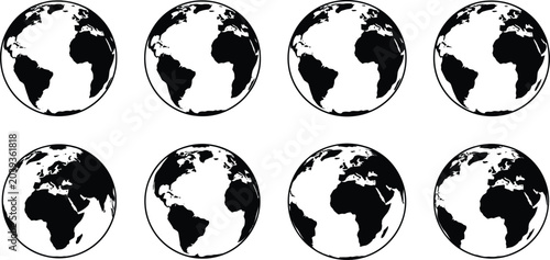 Eight black and white illustrations of the Earth showing continents and oceans in different.