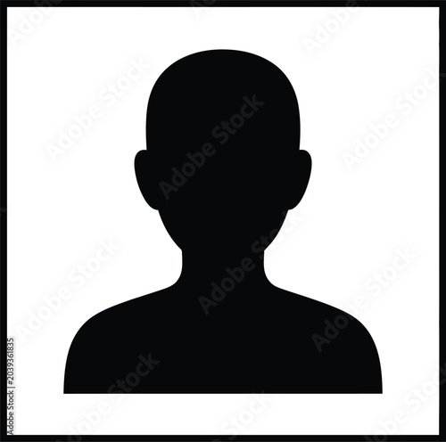 Simple black silhouette of a human head and shoulders within a square frame on white.