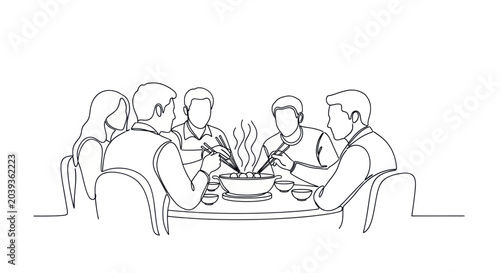 Diverse group of people enjoying a communal hot pot meal, line art illustration