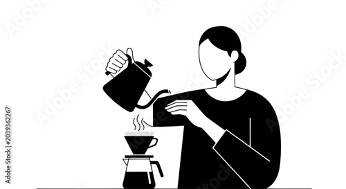 Tableau sur toile Woman making pour over coffee with gooseneck kettle, minimalist illustration
