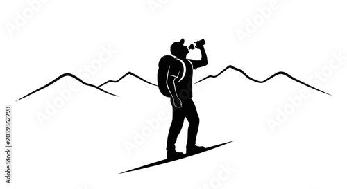 Tableau sur toile Silhouette of hiker drinking water from bottle in mountains.