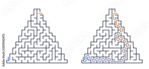 Triangle maze activity for kids with paths and solutions  