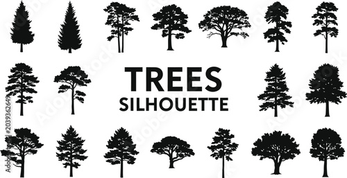 Collection of diverse tree silhouettes are presented against a clean white background for.