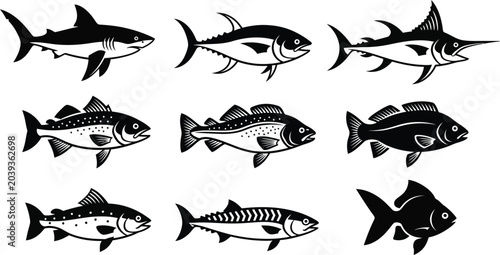 Collection of fish species illustrations including shark, tuna, and marlin for aquatic themes.