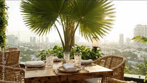 Rooftop Garden Dining Space with Elegant Plants