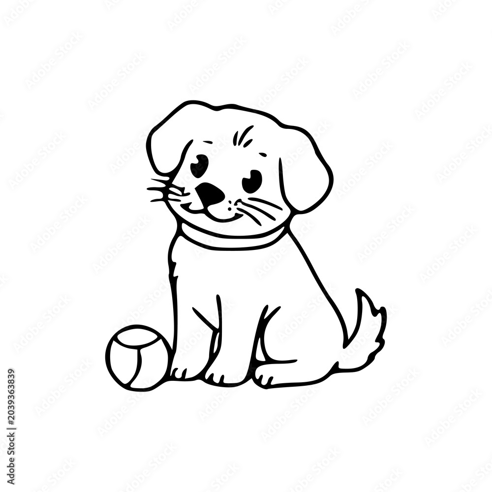 Fototapeta premium hand drawn puppy sketch, simple black and white dog with toy
