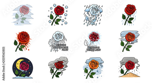 Rose flower stickers set featuring different weather conditions