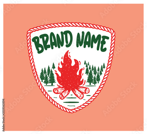 Vintage campfire badge illustration with bonfire, pine forest, and rope border