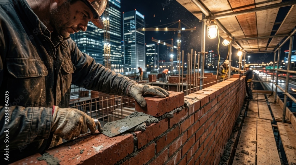 Naklejka premium Bricklayer Constructing a Wall at Night Near Illuminated City Buildings, Industry