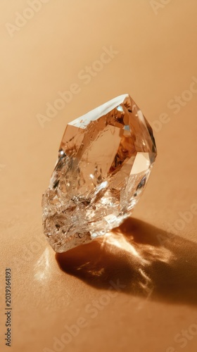 Sparkling Clear Crystal Geode on an Earthy Beige Background for Elegant Decoration or Healing