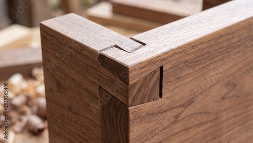 Close up of a precise dovetail wood joint in a walnut furniture project