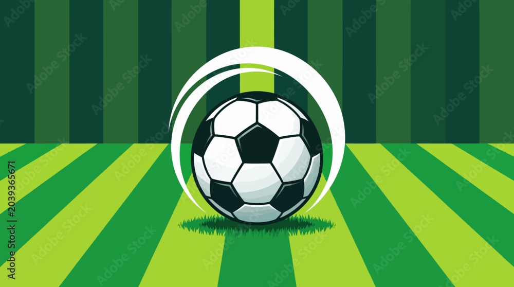 Obraz premium Soccer ball centered on a stylized green stadium field with radial stripes and circular target rings