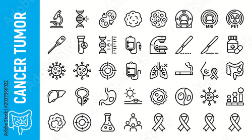 Collection of cancer and oncology icons depicting diagnostics, research, and treatment tools for medical design and awareness
