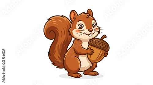 Adorable cartoon squirrel character cheerfully grasping a large acorn, showcasing a happy forest animal illustration perfect for children's books and nature-themed designs
