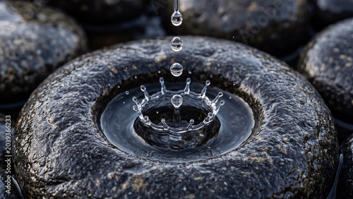Water drop falling into a circular stone basin creating a crown splash effect