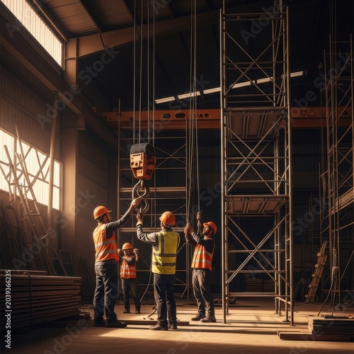 Construction Crew Aligning Scaffolding Components Inside Industrial Warehouse for Upcoming Project