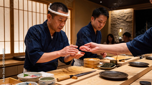 Professional Japanese sushi chef preparing fresh nigiri sushi for a customer at restaurant counter