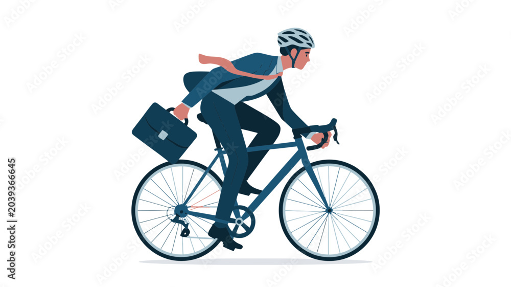 Fototapeta premium Businessman riding bicycle with briefcase commuting to work in city