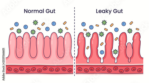 Comparison of Normal Gut Barrier vs Leaky Gut: Intestinal permeability, barrier disruption, and bacterial translocation illustrated