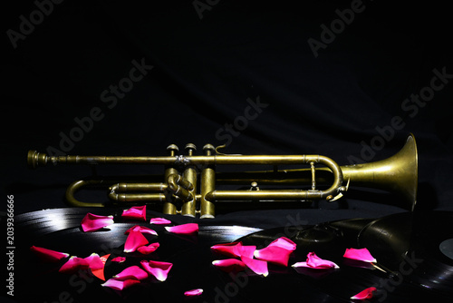 Canvas Print The old jazz trumpet plays among rose petals and records scattered throughout ti