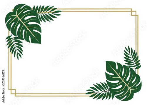 Double gold rectangular border with tropical palm and monstera leaves.