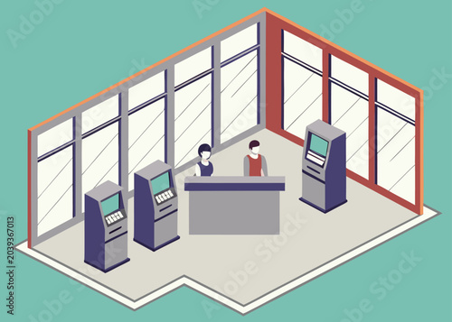 An isometric bank interior with employees and teller machines.
