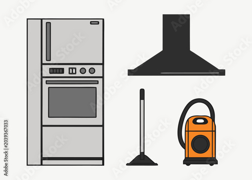 A set of household appliances featuring a refrigerator and vacuum.